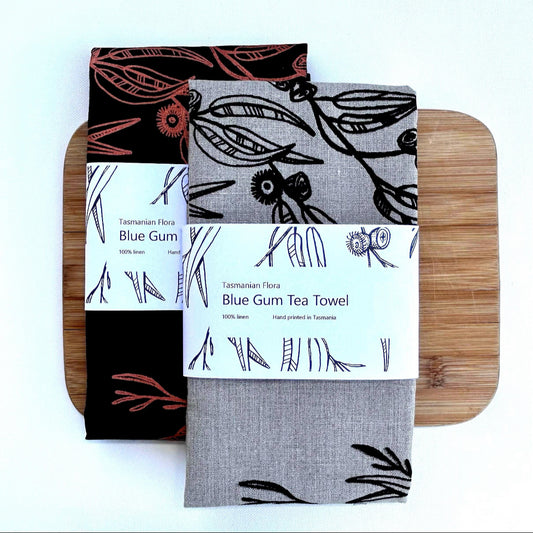 Hand printed Blue gum 100% linen tea towel