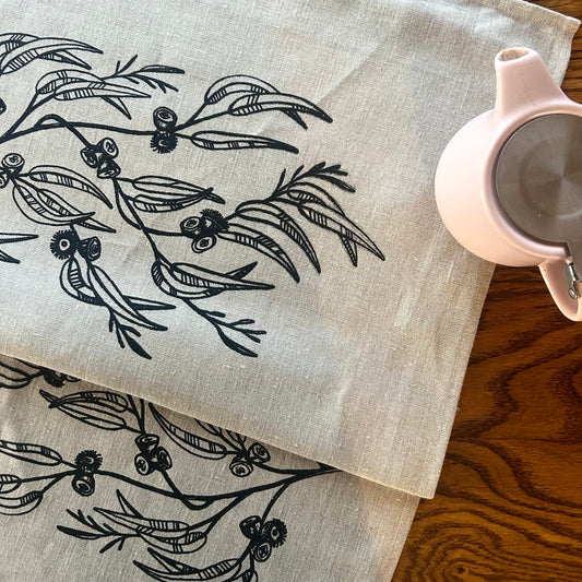 Hand printed Blue gum 100% linen tea towel