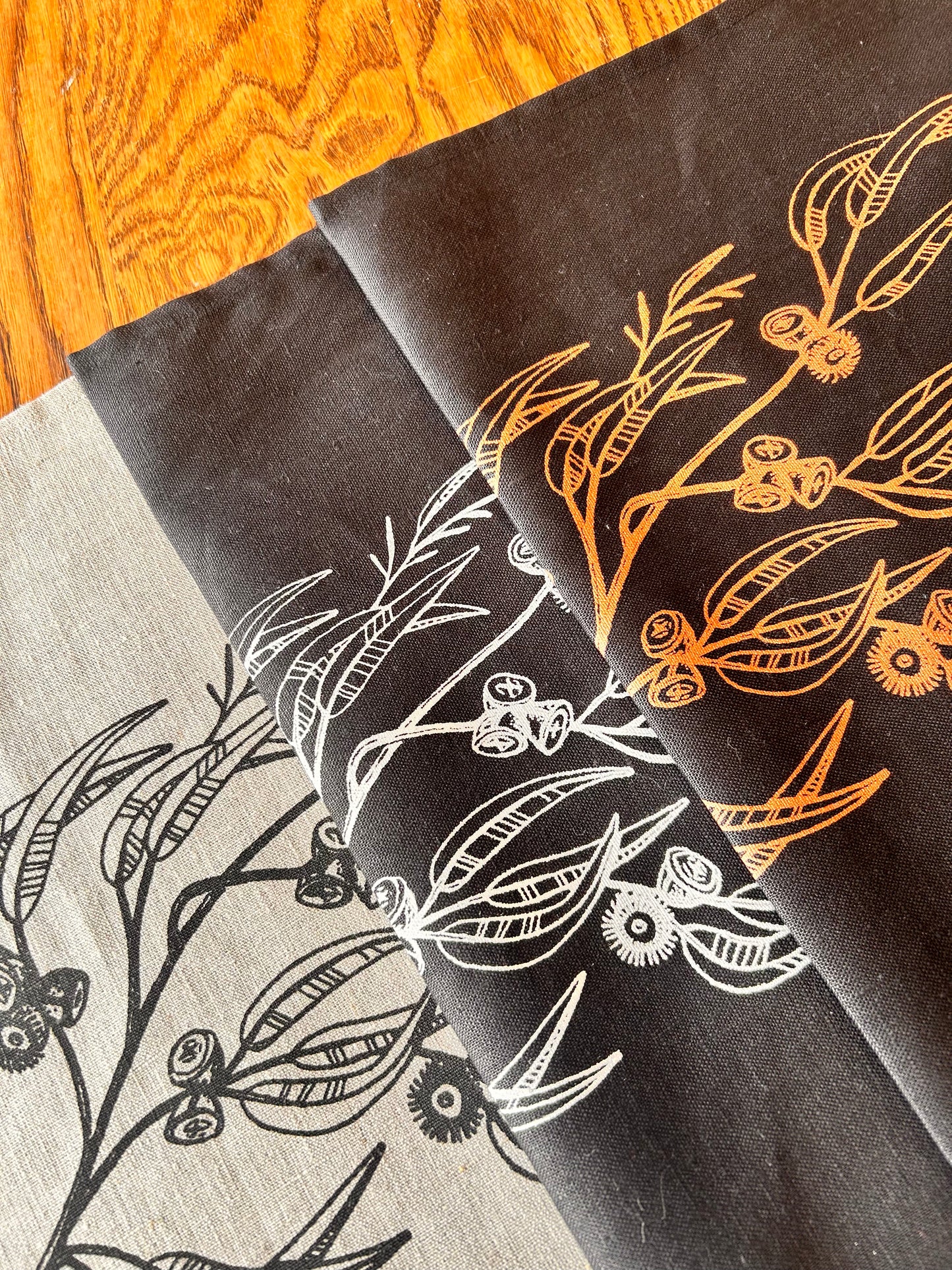 Hand printed Blue gum 100% linen tea towel