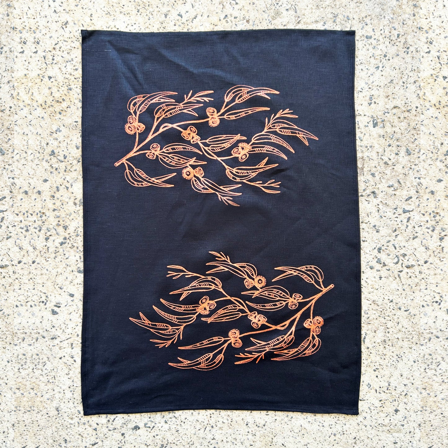 Hand printed Eucalyptus 100% linen tea towel