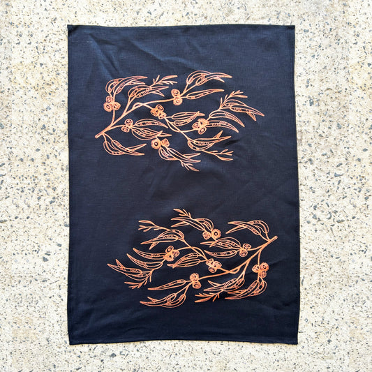 Hand printed Eucalyptus 100% linen tea towel