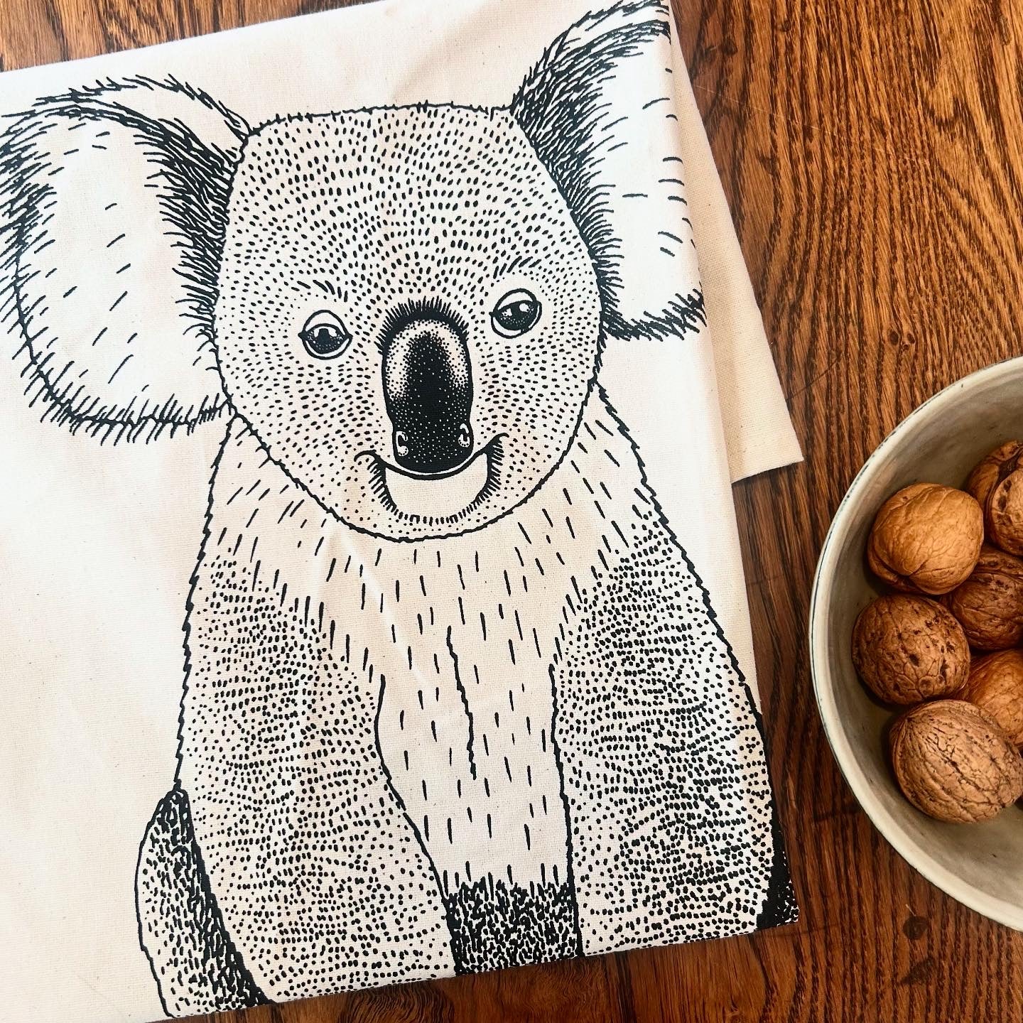 Hand printed koala tea towel