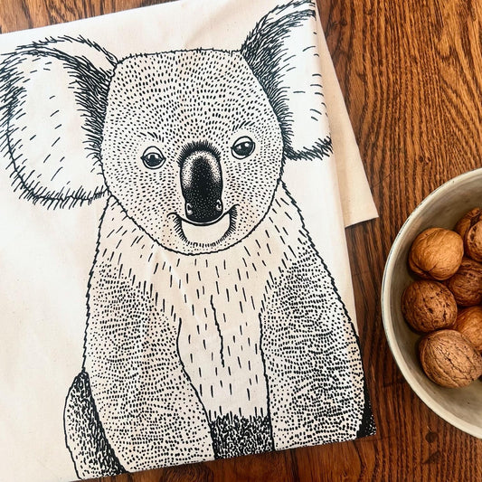 Hand printed koala tea towel