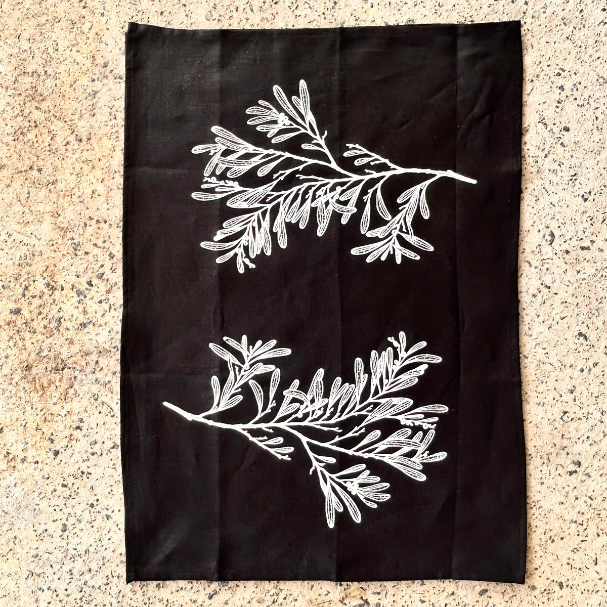 Hand printed Tasmanian Blackwood (Acacia melanoxylon) 100% linen tea towel