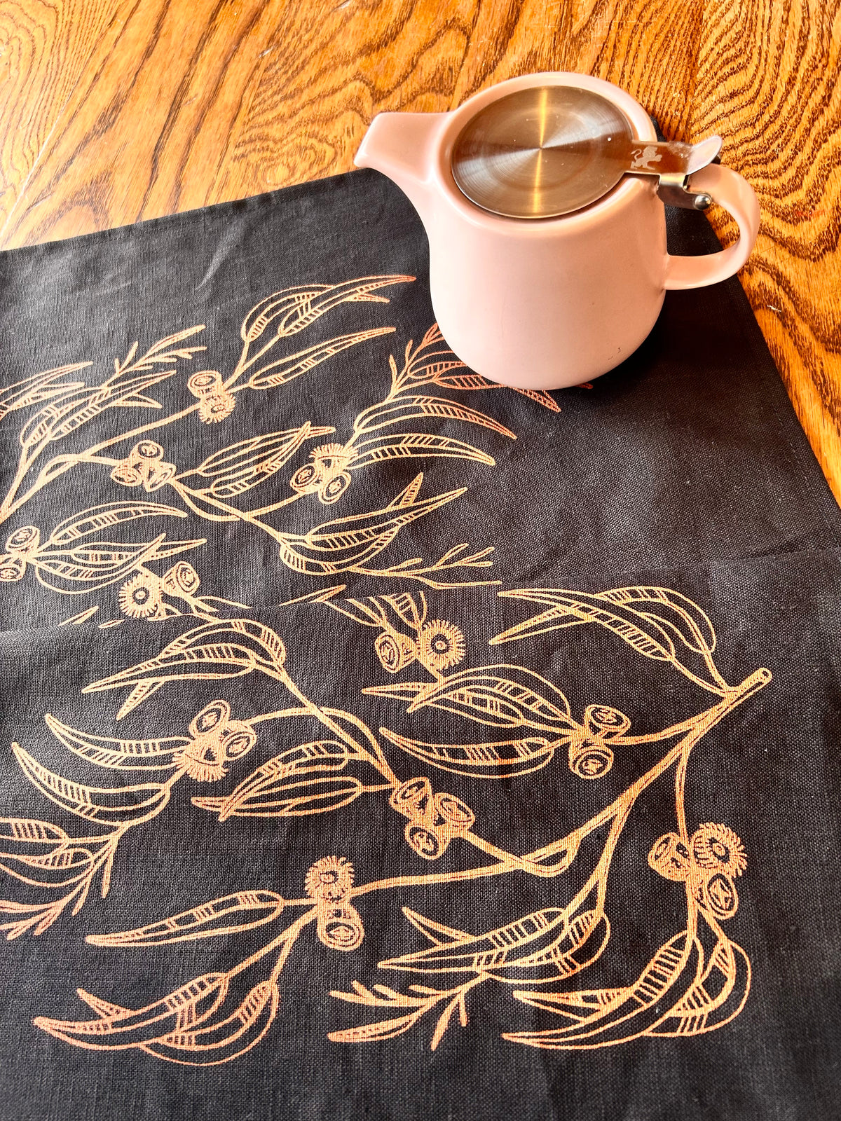 Hand printed Blue gum 100% linen tea towel