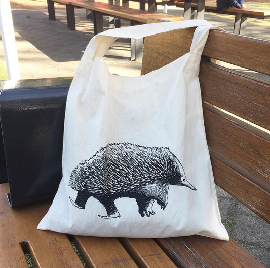 Hand printed echidna shopping bag