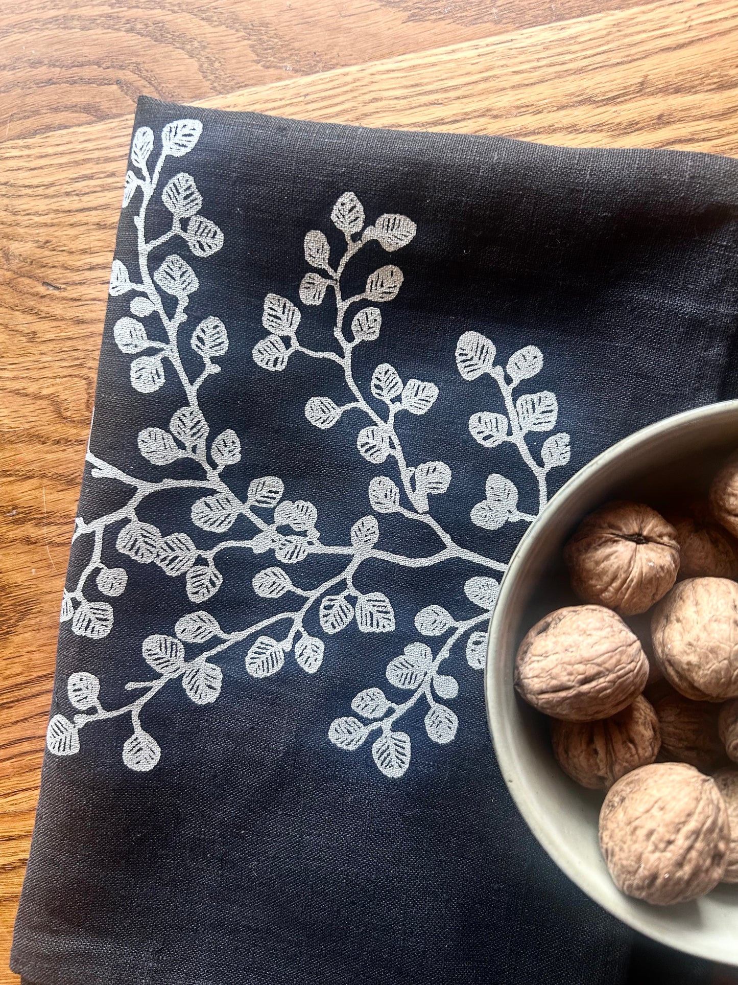 Hand printed ‘fagus' 100% linen tea towel