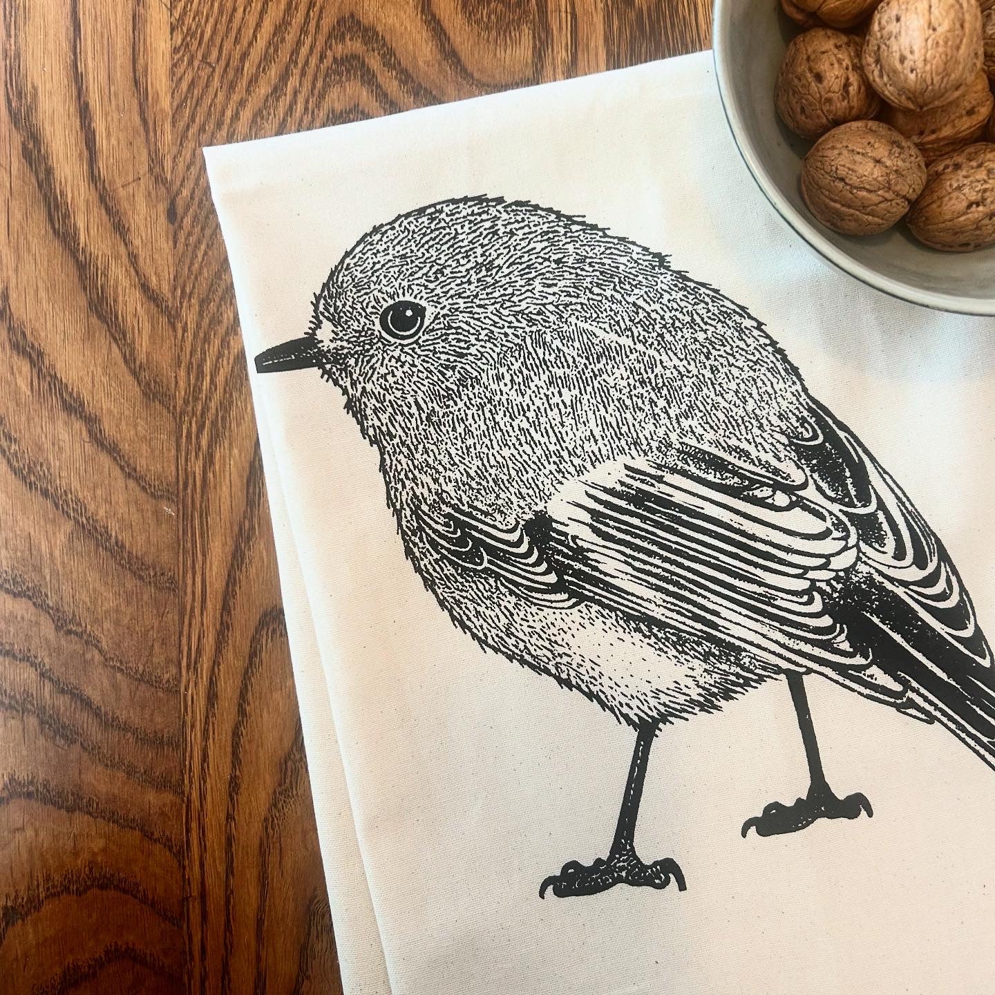 Hand printed scarlet robin tea towel
