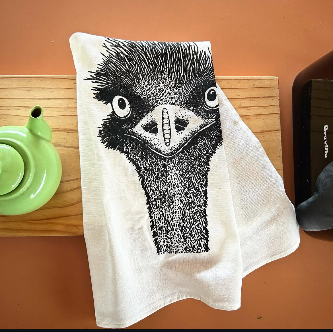 Hand printed emu tea towel