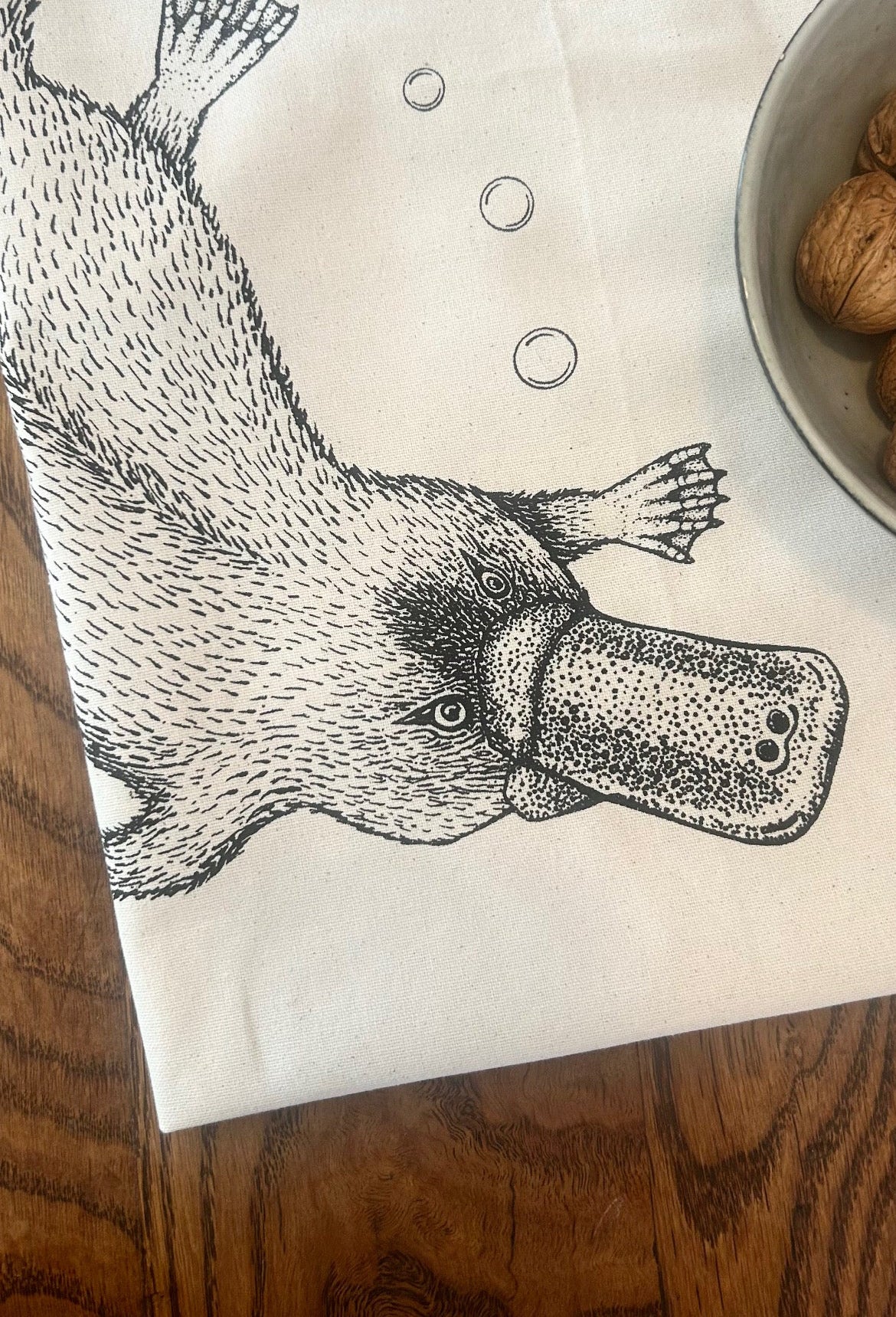 Hand printed platypus tea towel