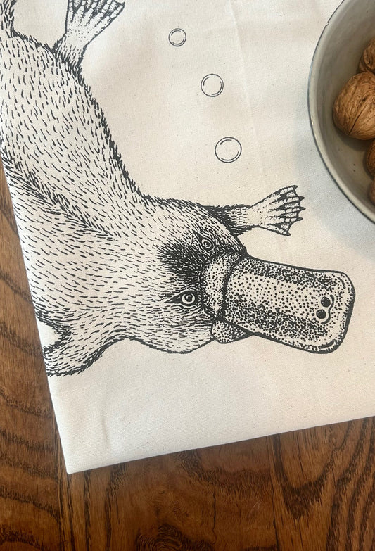 Hand printed platypus tea towel