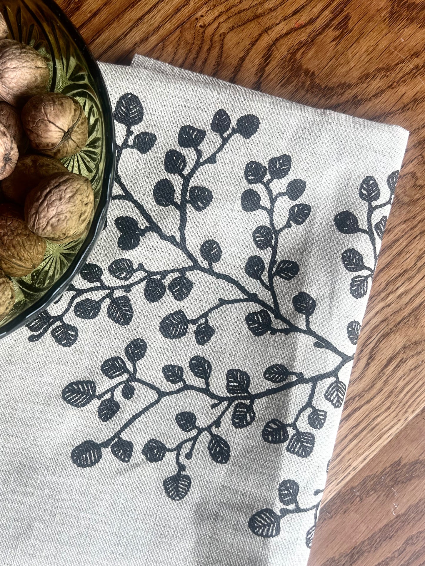 Hand printed ‘fagus' 100% linen tea towel