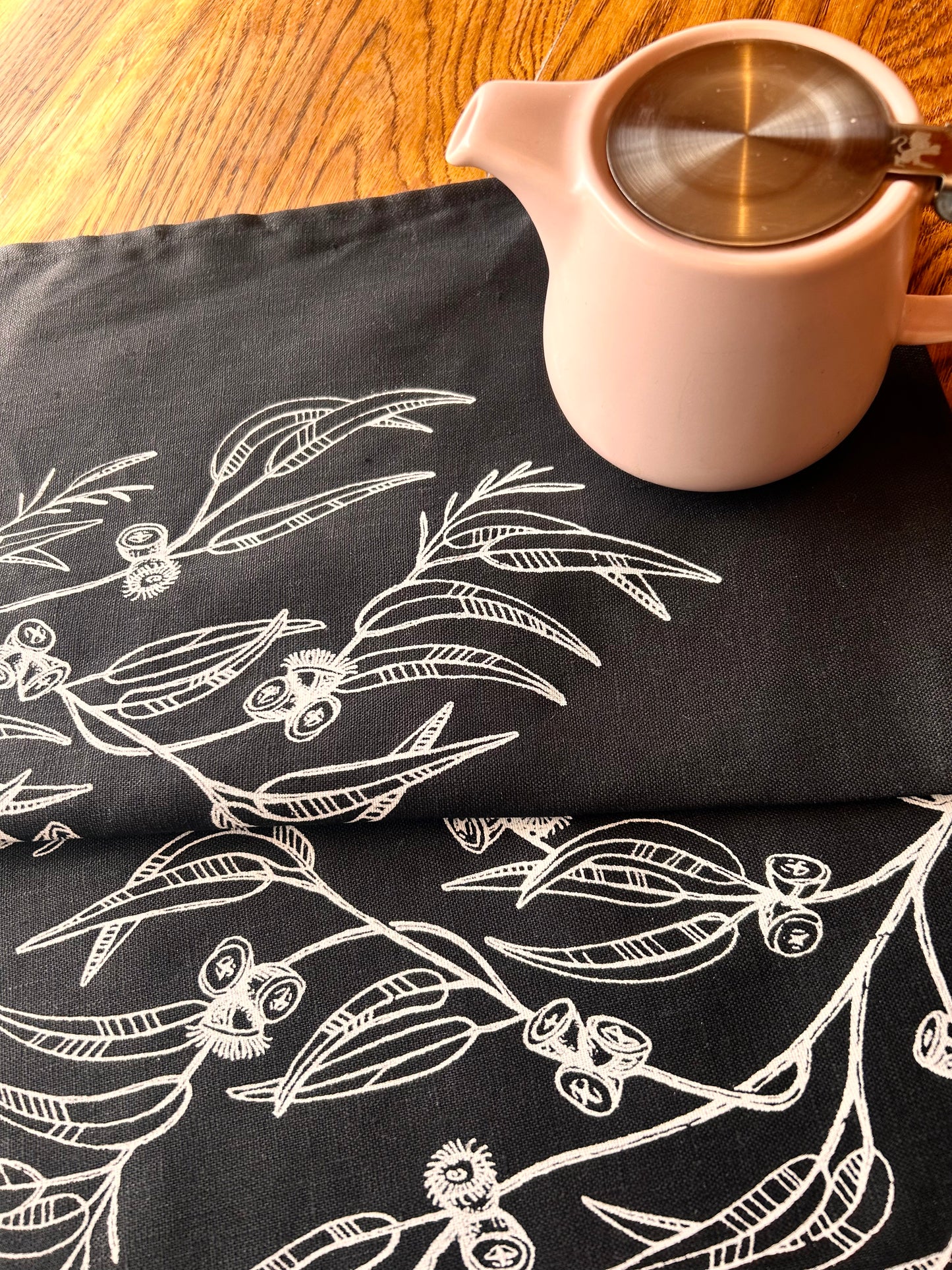 Hand printed Blue gum 100% linen tea towel
