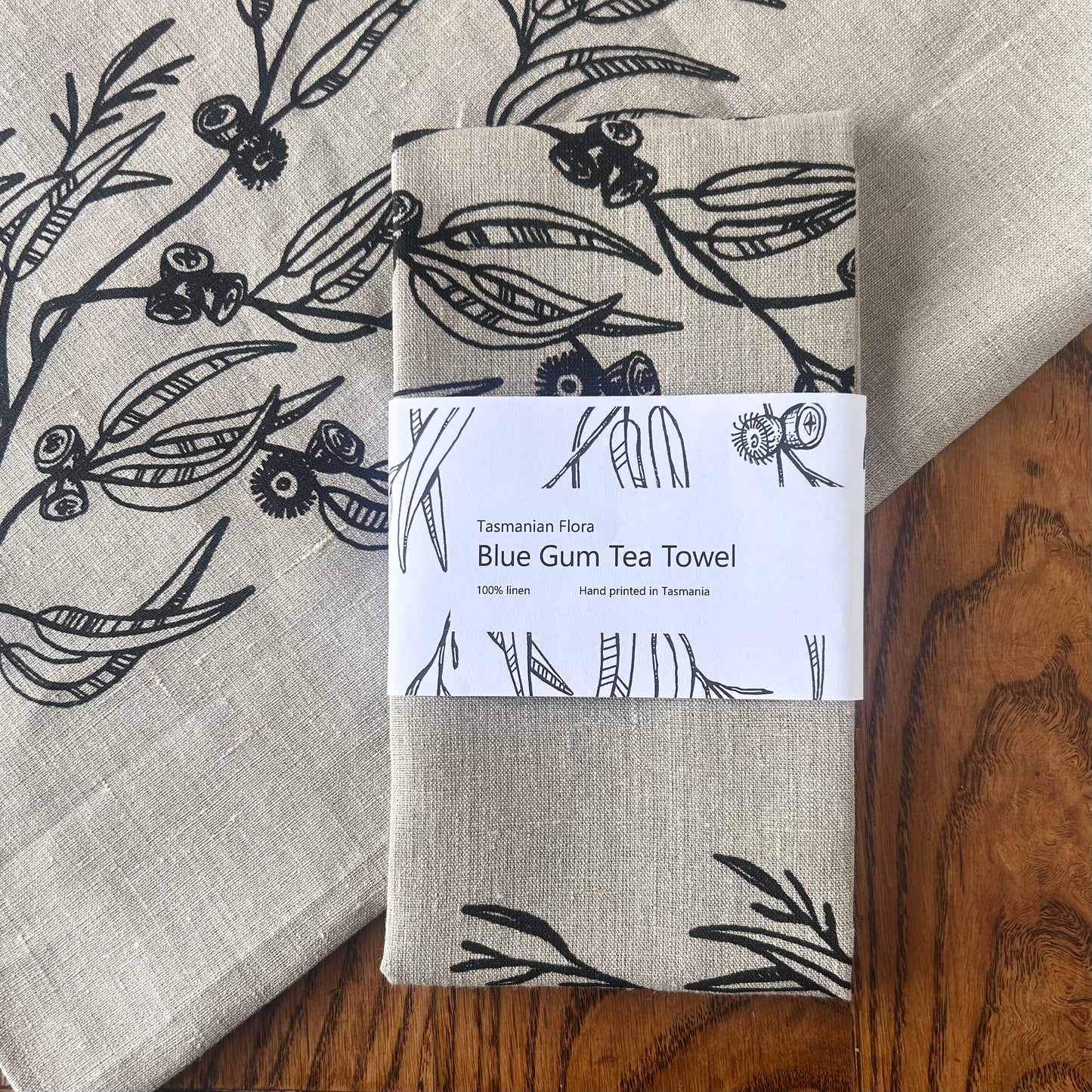 Hand printed Blue gum 100% linen tea towel