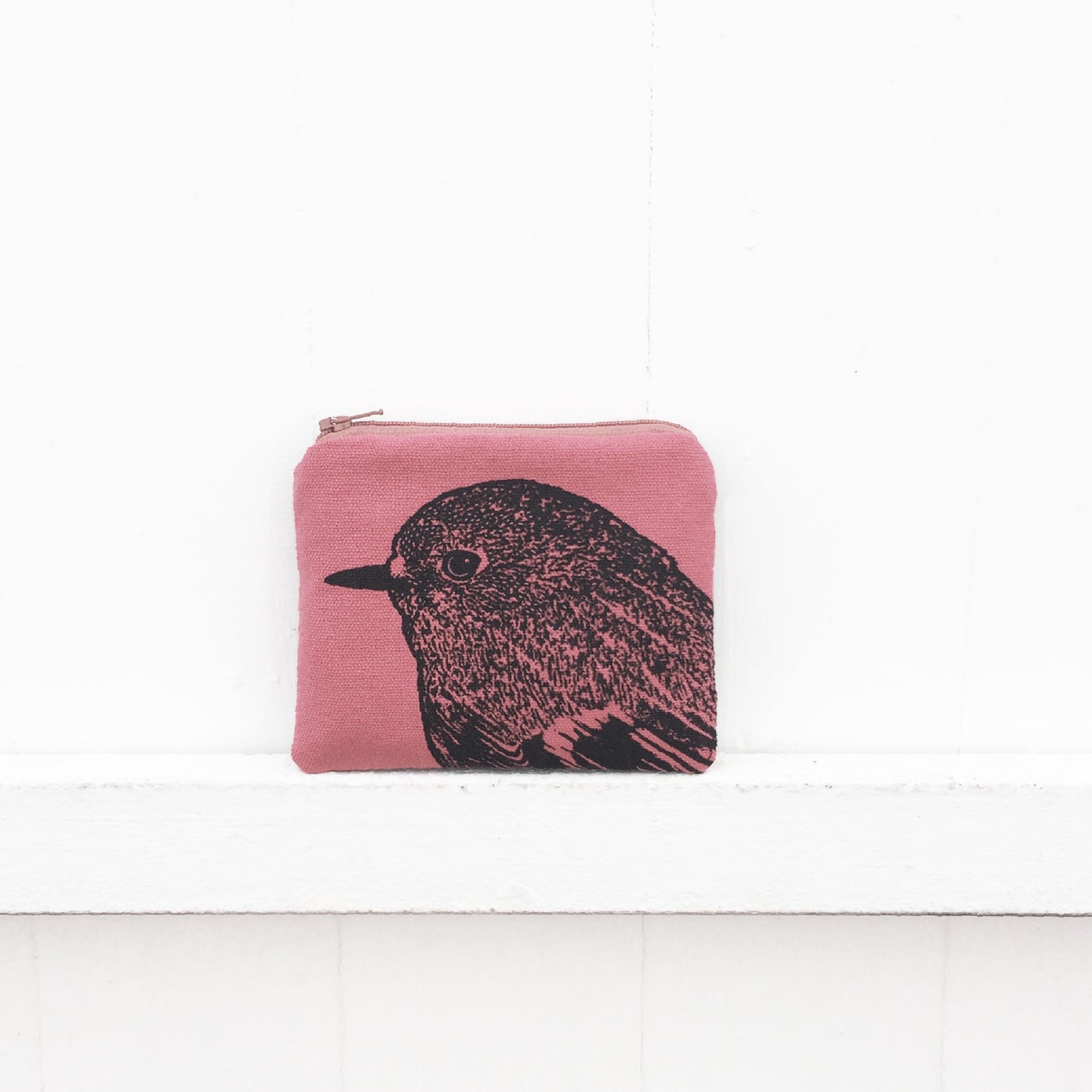 Hand printed robin head coin purse