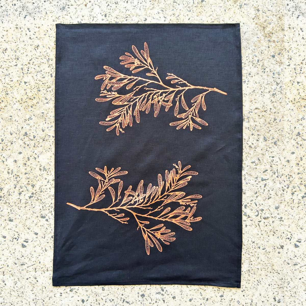 Hand printed Tasmanian Blackwood (Acacia melanoxylon) 100% linen tea towel