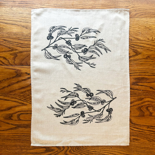 Hand printed Eucalyptus 100% linen tea towel