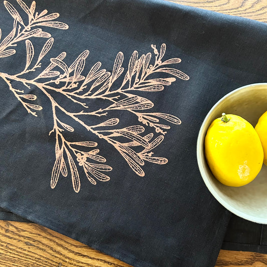 Hand printed Tasmanian Blackwood (Acacia melanoxylon) 100% linen tea towel