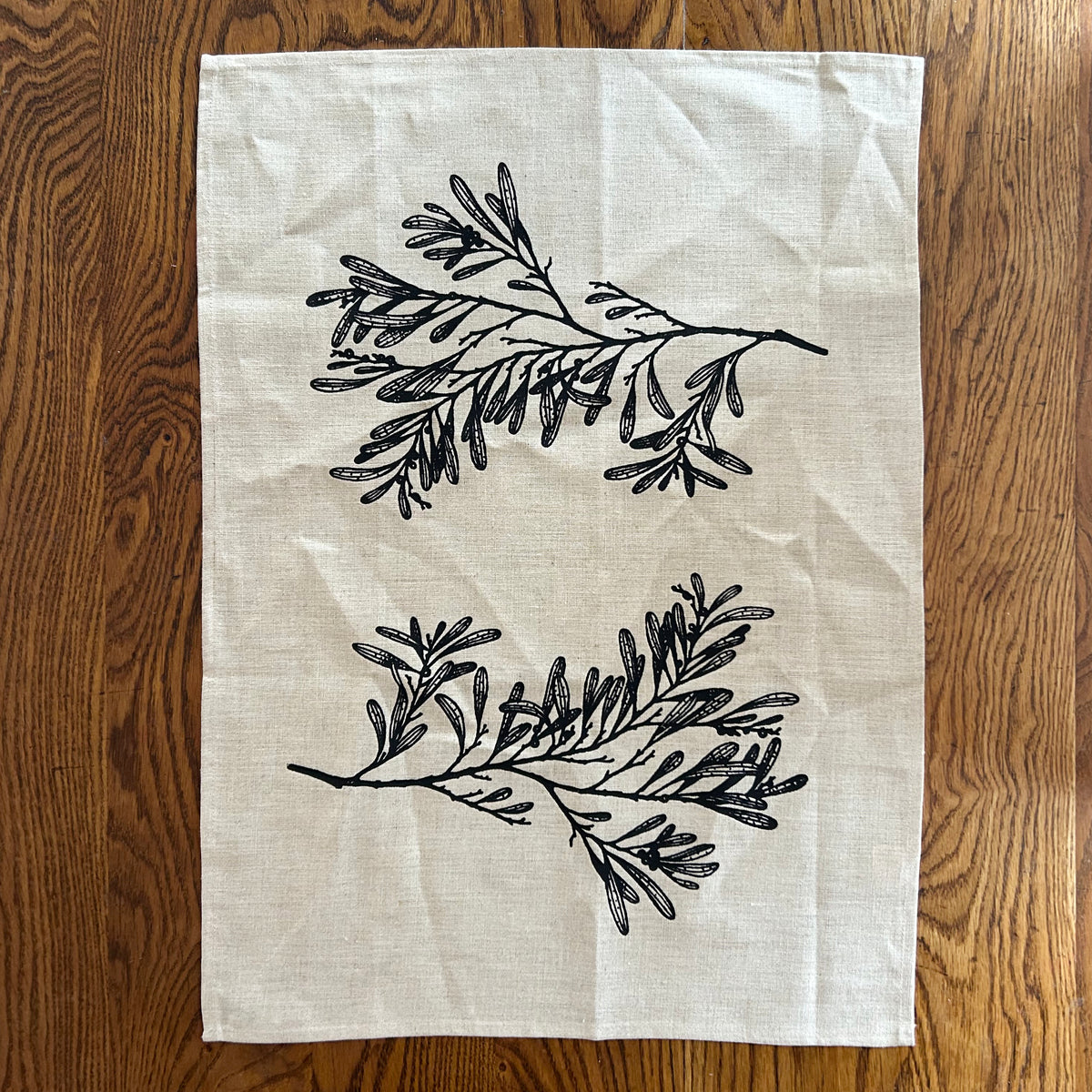 Hand printed Tasmanian Blackwood (Acacia melanoxylon) 100% linen tea towel