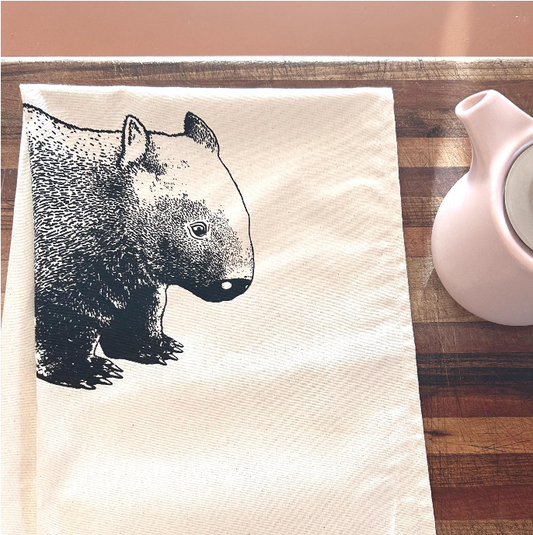 Hand printed wombat tea towel