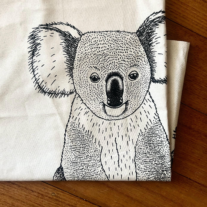 Hand printed koala tea towel