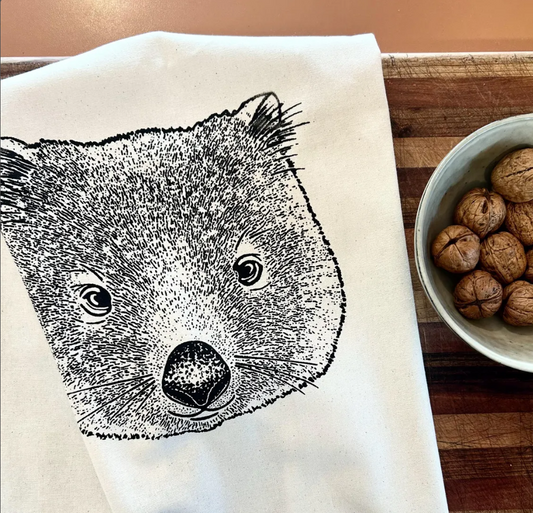 Hand printed joey baby wombat tea towel