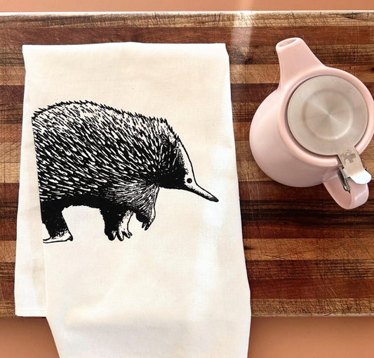 Hand printed echidna tea towel