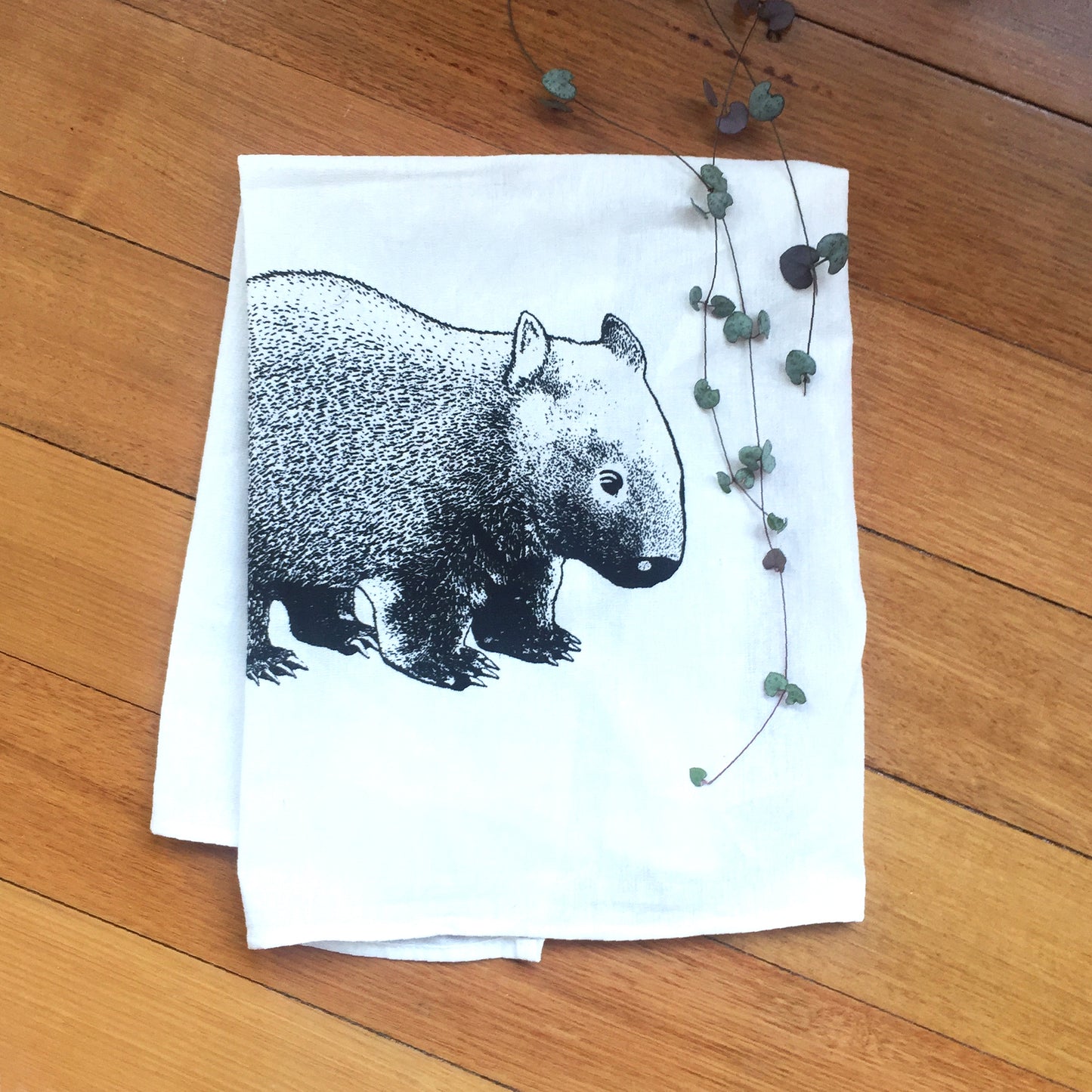 Hand printed wombat tea towel