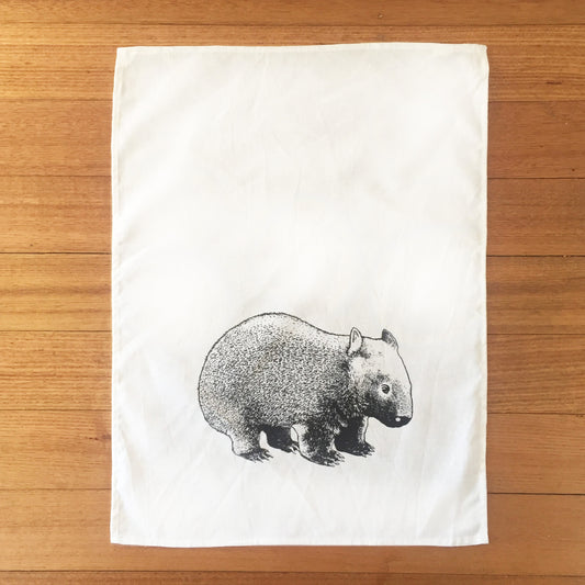 Hand printed wombat tea towel