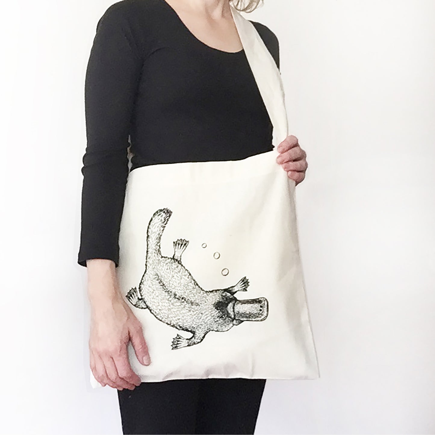 Hand printed platypus shopping bag