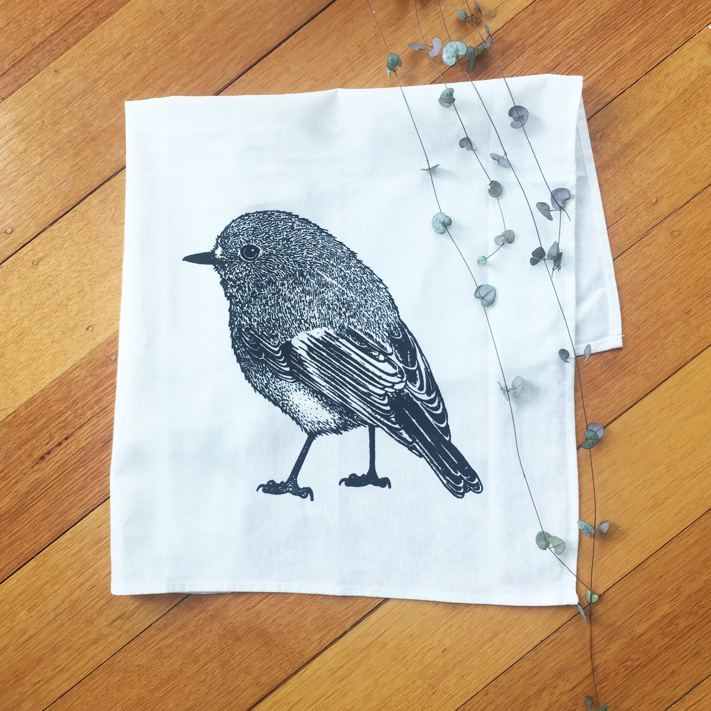 Hand printed scarlet robin tea towel