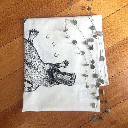 Hand printed platypus tea towel