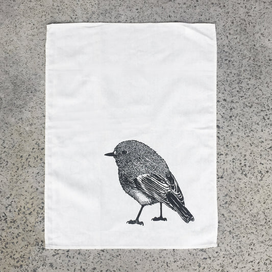 Hand printed scarlet robin tea towel