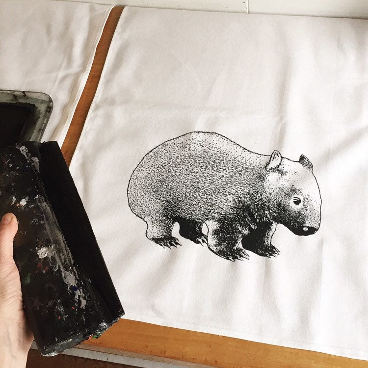 Hand printed wombat tea towel