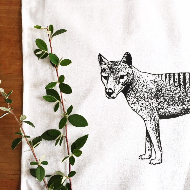 Hand printed Tasmanian tiger tea towel