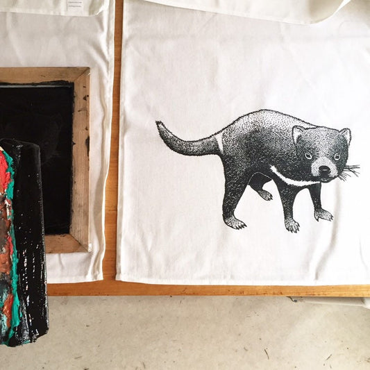 Hand printed Tasmanian devil tea towel