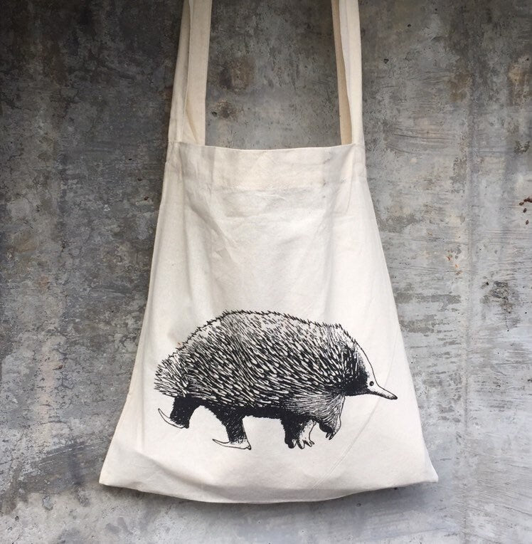 Hand printed echidna shopping bag