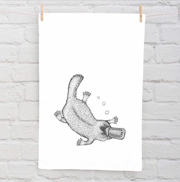 Hand printed platypus tea towel