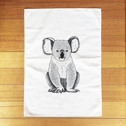 Hand printed koala tea towel