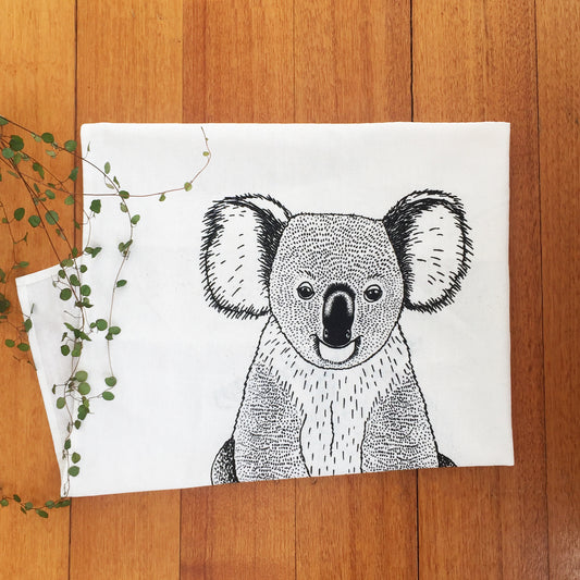 Hand printed koala tea towel